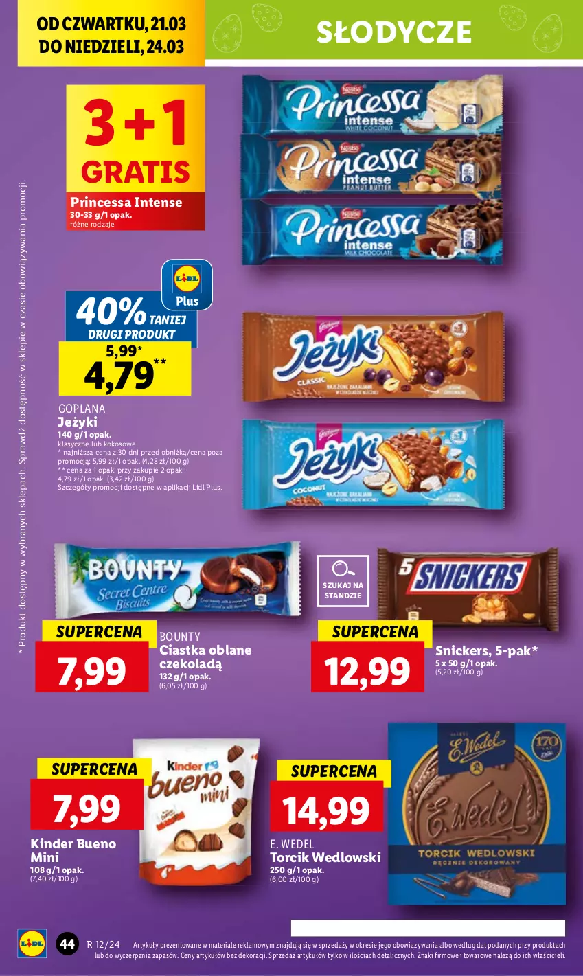 Gazetka promocyjna Lidl - GAZETKA - ważna 21.03 do 24.03.2024 - strona 46 - produkty: Bounty, Ciastka, E. Wedel, Goplana, Gra, Jeżyki, Kinder, Kinder Bueno, Kokos, LANA, Snickers