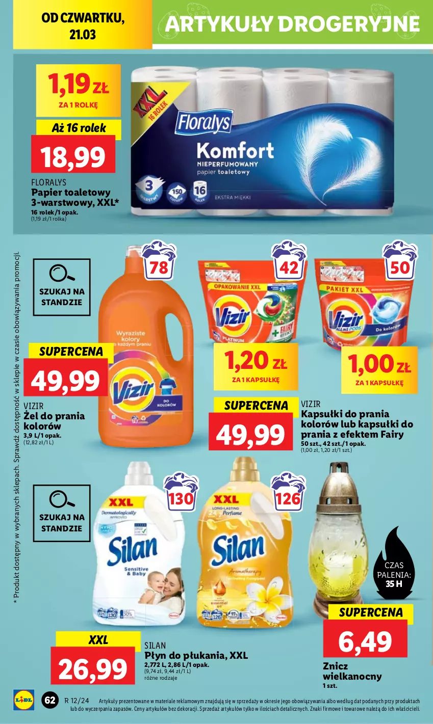 Gazetka promocyjna Lidl - GAZETKA - ważna 21.03 do 24.03.2024 - strona 68 - produkty: Flora, Kapsułki do prania, Papier, Papier toaletowy, Płyn do płukania, Silan, Vizir, Znicz