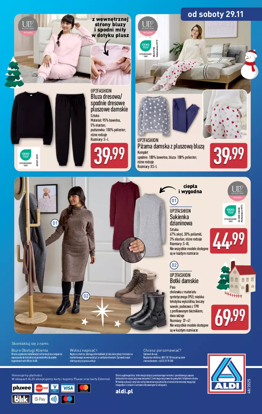 Gazetka promocyjna Aldi - Artykuły przemysłowe i tekstylia - ważna 26.11 do 29.11.2025 - strona 16 - produkty: Bieżnik, Biuro, Bluza, Bluza dresowa, Botki, Dres, Fa, O nas, Piżama, Por, Spodnie, Spodnie dresowe, Sukienka, Wełna