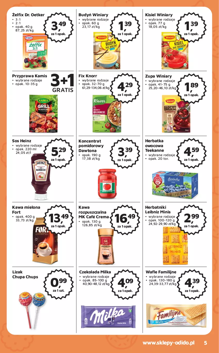 Gazetka promocyjna Odido - Gazetka - ważna 02.06 do 15.06.2023 - strona 5 - produkty: Budyń, Chupa Chups, Czekolada, Dawtona, Dr. Oetker, Fa, Gra, Heinz, Herbatniki, Kamis, Kawa, Kawa mielona, Kawa rozpuszczalna, Kisiel, Knorr, Koncentrat pomidorowy, Milka, Sos, Teekanne, Wafle, Winiary, Zupa