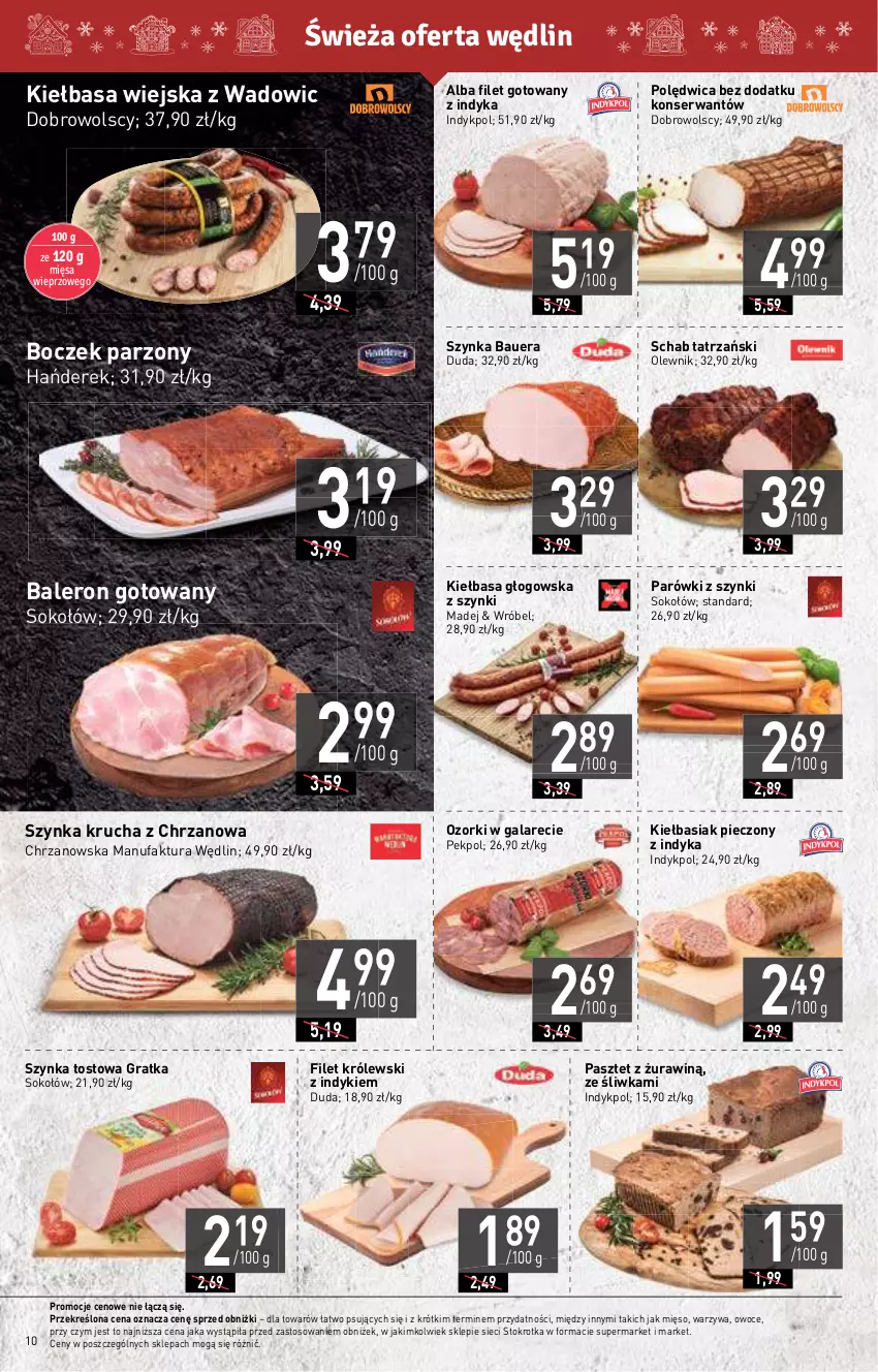 Gazetka promocyjna Stokrotka - Supermarket - ważna 20.12 do 27.12.2023 - strona 10 - produkty: Basia, Boczek, Chrzan, Duda, Fa, Gala, Gra, Kiełbasa, Kiełbasa głogowska, Kiełbasa wiejska, Królewski, Mięso, Olewnik, Owoce, Parówki, Parówki z szynki, Pasztet, Pekpol, Piec, Polędwica, Ser, Sok, Sokołów, Szynka, Warzywa