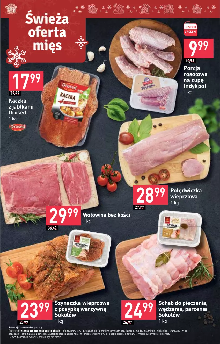 Gazetka promocyjna Stokrotka - Supermarket - ważna 20.12 do 27.12.2023 - strona 11 - produkty: Jabłka, Kaczka, Mięso, Owoce, Piec, Polędwiczka wieprzowa, Por, Schab do pieczenia, Sok, Sokołów, Warzywa, Wołowina, Wołowina bez kości