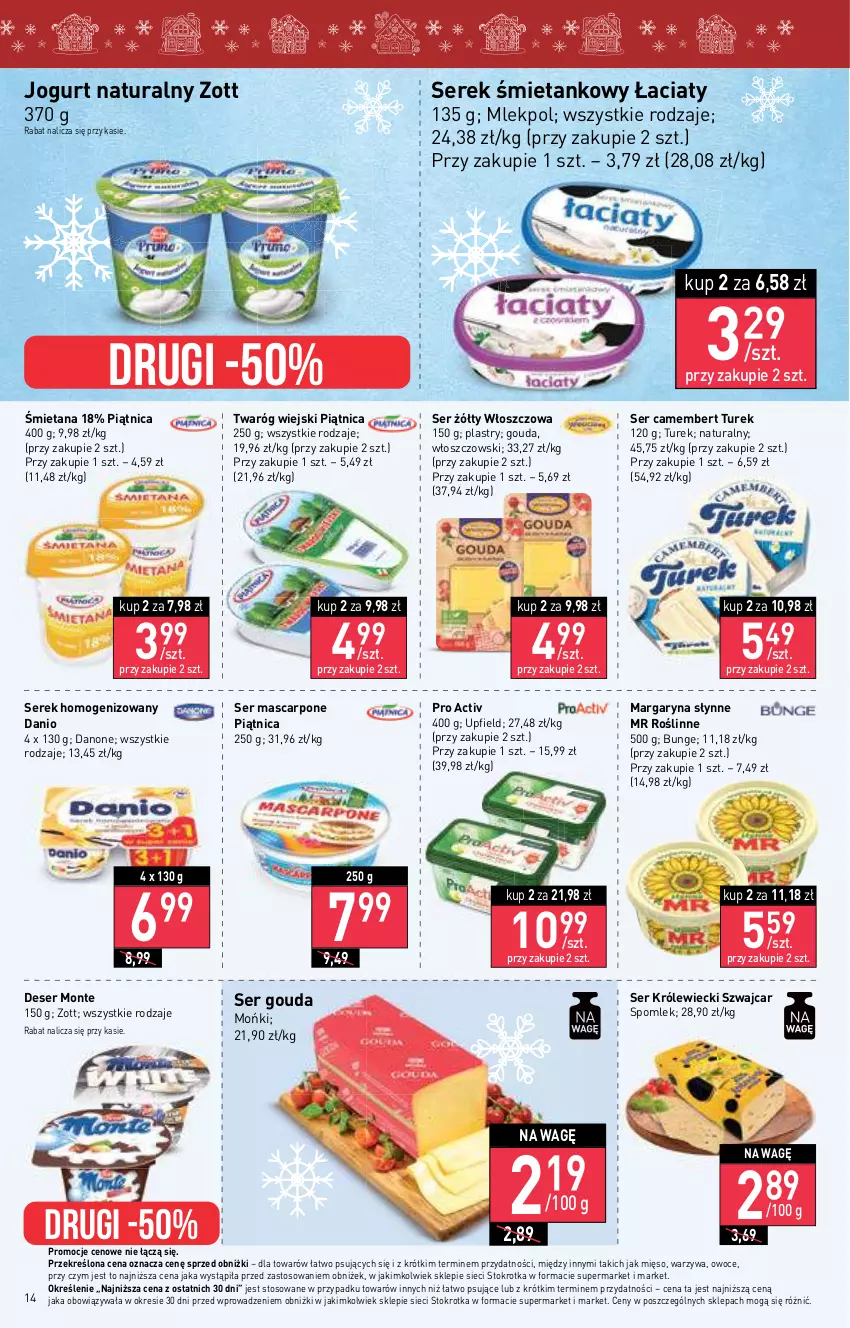 Gazetka promocyjna Stokrotka - Supermarket - ważna 20.12 do 27.12.2023 - strona 14 - produkty: Camembert, Danio, Danone, Deser, Gouda, Jogurt, Jogurt naturalny, Margaryna, Mascarpone, Mięso, Monte, Owoce, Piątnica, Ser, Ser Królewiecki, Serek, Serek homogenizowany, Słynne, Słynne MR Roślinne, Twaróg, Warzywa, Włoszczowski, Zott