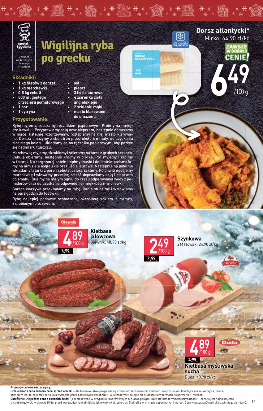 Gazetka promocyjna Stokrotka - Supermarket - ważna 20.12 do 27.12.2023 - strona 15 - produkty: Cytryny, Dorsz, Duda, Kawa, Kiełbasa, Lanki, Laur, Masło, Masło klarowane, Mięso, NOWAK, Nuty, Olewnik, Owoce, Papier, Piec, Pieprz, Por, Ręcznik, Sok, Sól, Top, Warzywa, Ziele angielskie