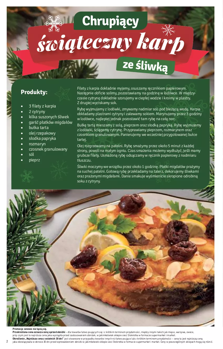 Gazetka promocyjna Stokrotka - Supermarket - ważna 20.12 do 27.12.2023 - strona 2 - produkty: Bułka, Bułka tarta, Cytryny, Czosnek, Czosnek granulowany, Gra, Karp, Mięso, Olej, Olej rzepakowy, Owoce, Papier, Papryka, Pieprz, Ręcznik, Sok, Sól, Talerz, Tarta, Warzywa