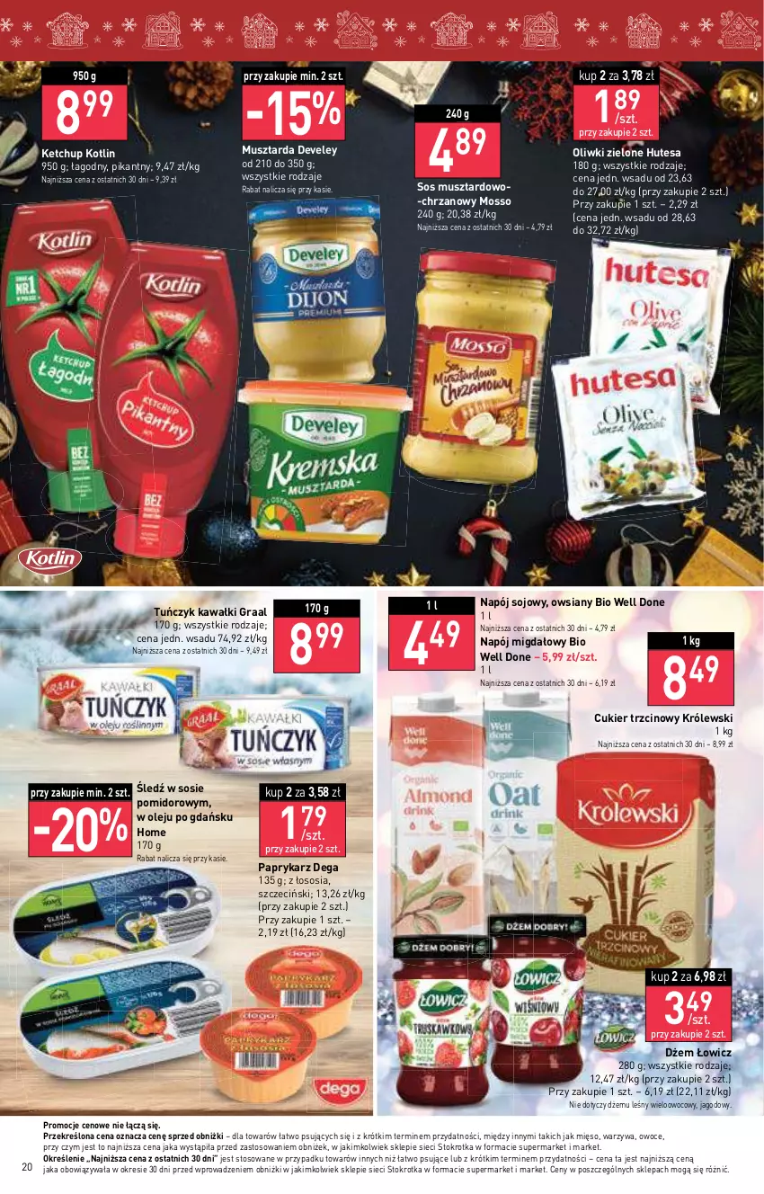 Gazetka promocyjna Stokrotka - Supermarket - ważna 20.12 do 27.12.2023 - strona 20 - produkty: Chrzan, Cukier, Cukier trzcinowy, Dega, Dżem, Gra, Graal, Kawa, Ketchup, Kotlin, Królewski, Mięso, Mus, Musztarda, Napój, Olej, Oliwki, Oliwki zielone, Owoce, Papryka, Paprykarz, Sos, Tuńczyk, Warzywa