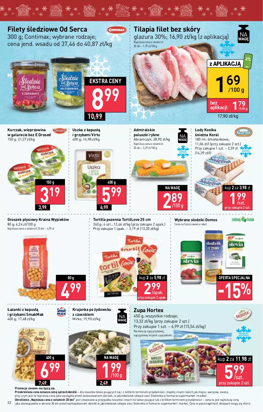 Gazetka promocyjna Stokrotka - Supermarket - ważna 20.12 do 27.12.2023 - strona 22 - produkty: Gala, Glazura, Groszek, Groszek ptysiowy, Hortex, Kapustą, Krupnik, Kurczak, Lazur, Lody, Mięso, Owoce, Paluszki rybne, Ser, Tilapia, Tortilla, Virtu, Warzywa, Wieprzowina, Zupa