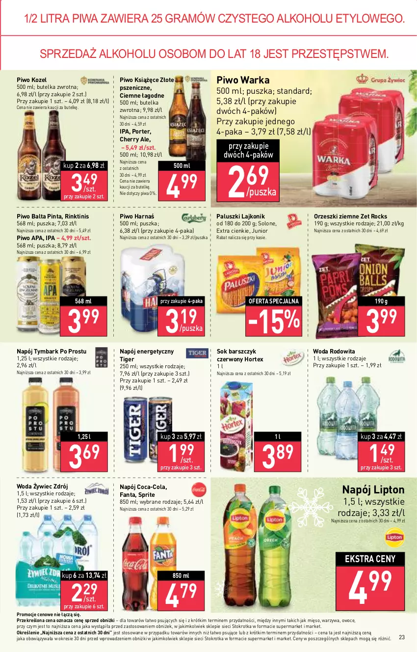 Gazetka promocyjna Stokrotka - Supermarket - ważna 20.12 do 27.12.2023 - strona 23 - produkty: Coca-Cola, Fa, Fanta, Gra, Harnaś, Hortex, Kozel, Książęce, Lajkonik, Lipton, Mięso, Napój, Napój energetyczny, Orzeszki, Orzeszki ziemne, Owoce, Piwa, Piwo, Por, Sok, Sprite, Tiger, Tymbark, Warka, Warzywa, Woda