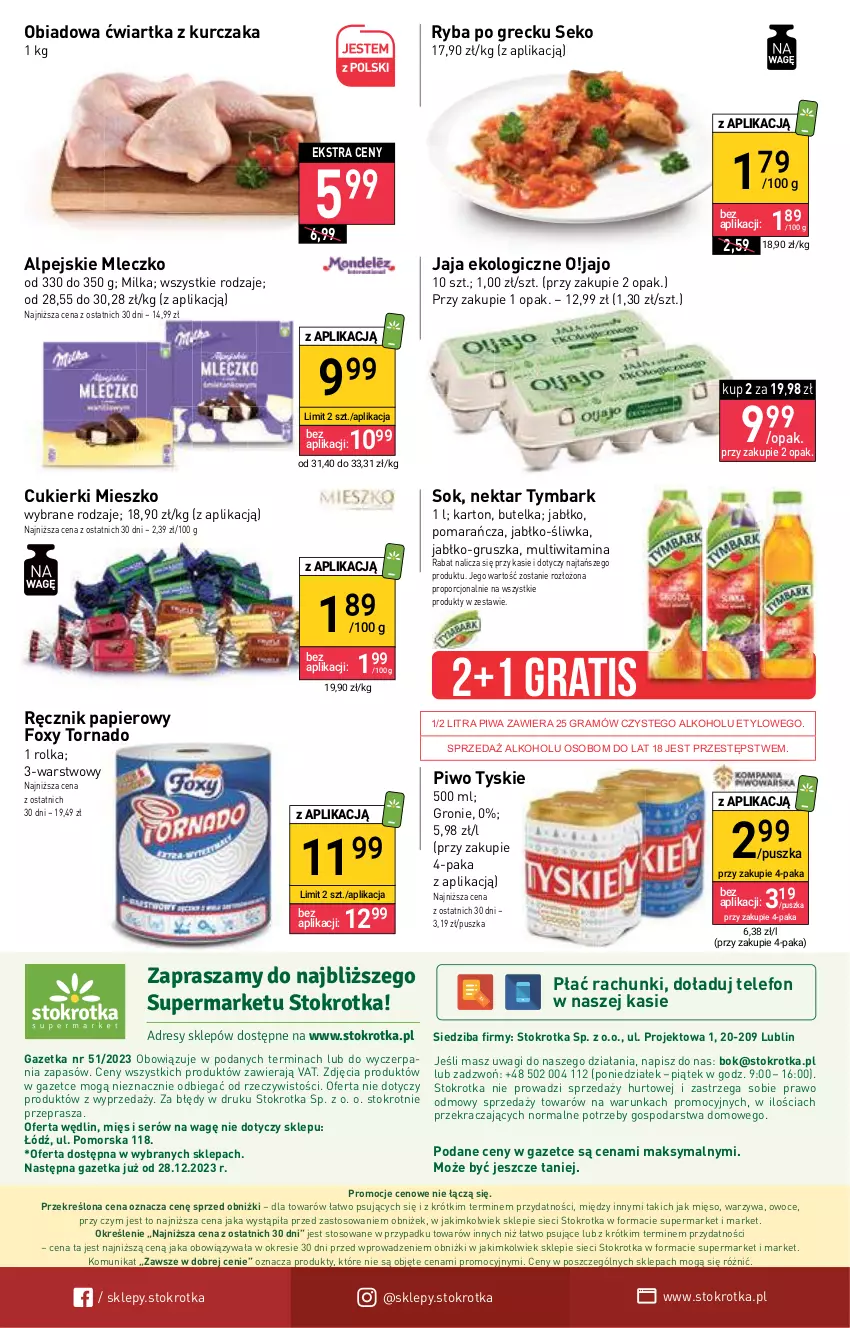 Gazetka promocyjna Stokrotka - Supermarket - ważna 20.12 do 27.12.2023 - strona 28 - produkty: Cukier, Cukierki, Dres, Foxy, Gra, Jaja, Kurczak, Mięso, Milka, Mleczko, Nektar, O nas, Owoce, Papier, Piwa, Piwo, Por, Ręcznik, Ryba, Ryba po grecku, SEKO, Ser, Sok, Telefon, Tymbark, Tyskie, Wagi, Warzywa