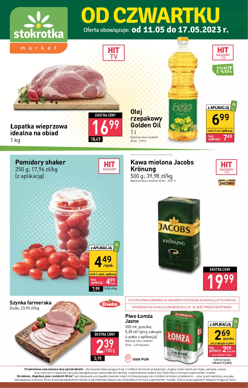 Gazetka promocyjna Stokrotka - Market - ważna 11.05 do 17.05.2023 - strona 1 - produkty: Duda, Fa, Gra, Jacobs, Jacobs Krönung, Kawa, Kawa mielona, Mięso, Olej, Olej rzepakowy, Owoce, Piwa, Piwo, Pomidory, Szynka, Szynka farmerska, Warzywa