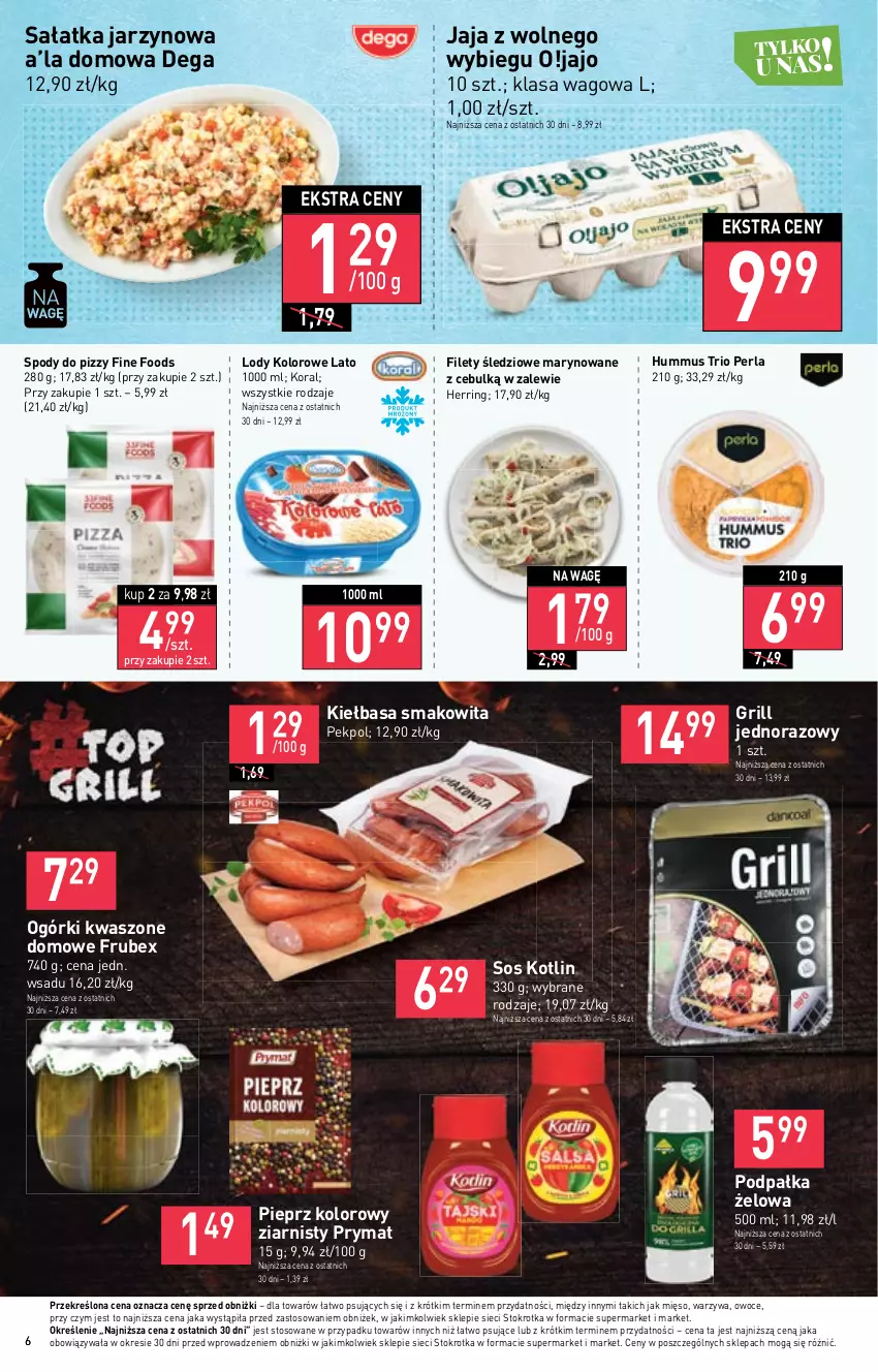 Gazetka promocyjna Stokrotka - Market - ważna 11.05 do 17.05.2023 - strona 6 - produkty: Dega, Grill, Hummus, Jaja, Jaja z wolnego wybiegu, Kiełbasa, Kotlin, Lody, Mięso, Mus, Owoce, Pekpol, Pieprz, Prymat, Sałat, Sałatka, Smakowita, Sos, Warzywa