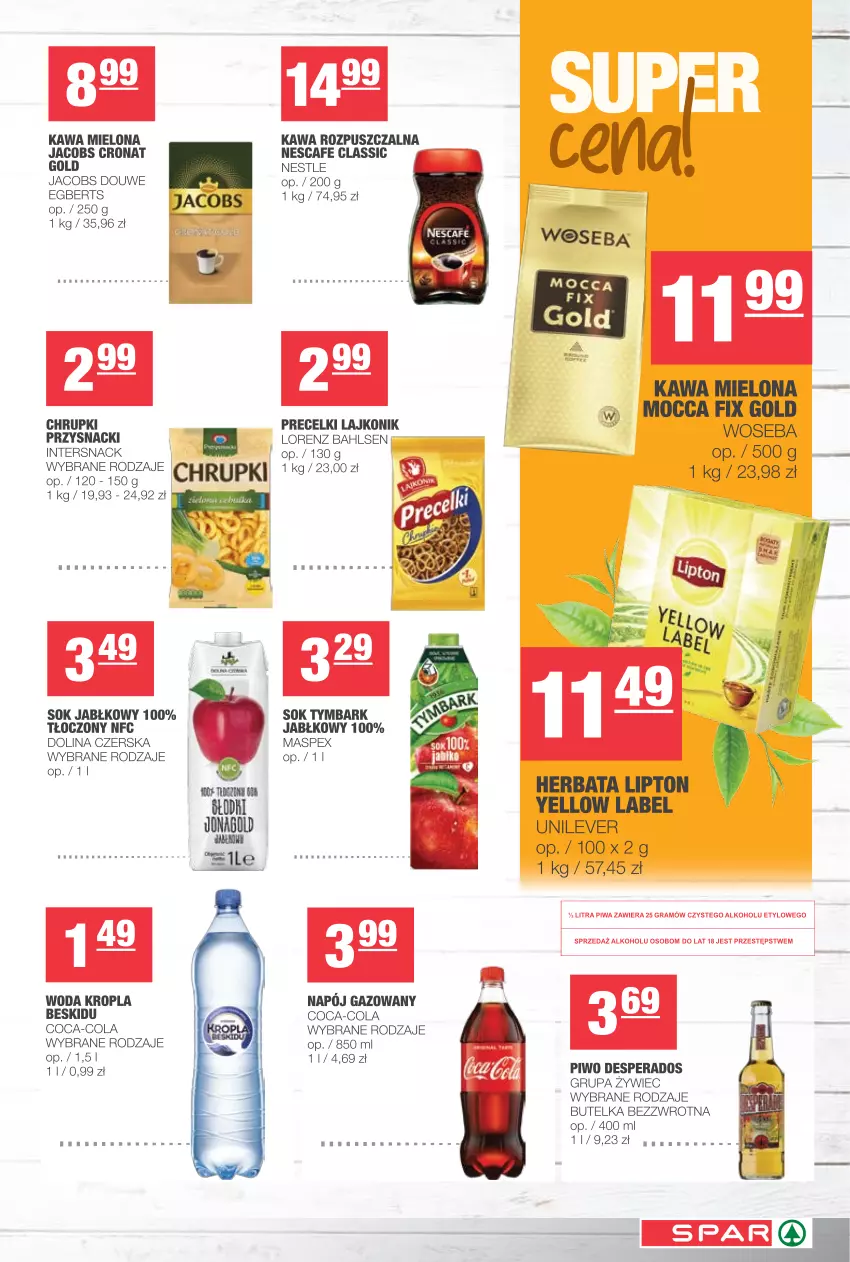 Gazetka promocyjna Spar - Spar - ważna 10.03 do 16.03.2021 - strona 7 - produkty: Chrupki, Coca-Cola, Desperados, Gra, Herbata, Jacobs, Kawa, Kawa mielona, Kawa rozpuszczalna, Lajkonik, Lipton, Lorenz, Mocca Fix Gold, Napój, Napój gazowany, Piwa, Piwo, Precelki, Przysnacki, Sok, Sok jabłkowy, Tymbark, Woda, Woseba