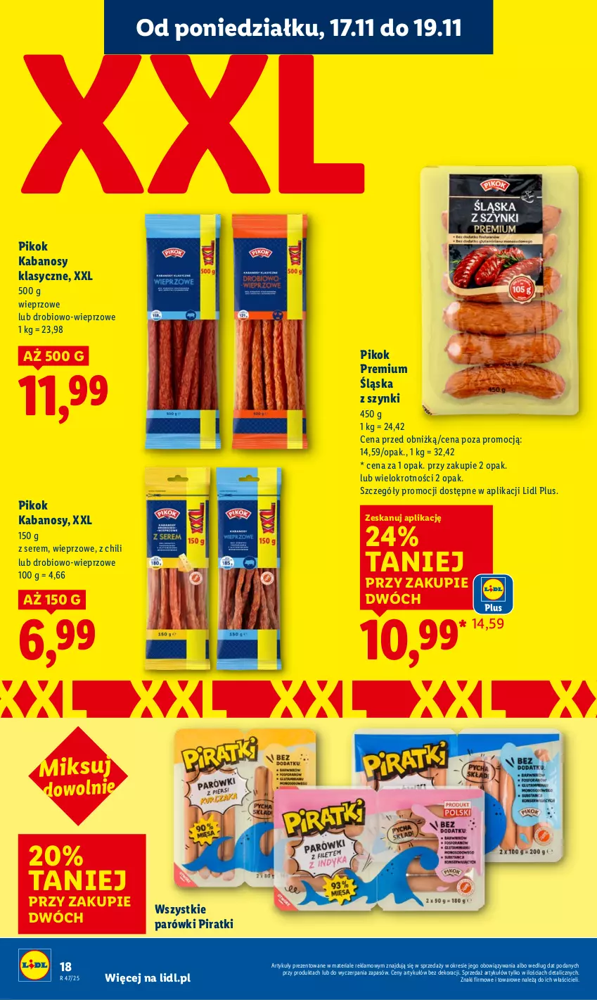 Gazetka promocyjna Lidl - GAZETKA - ważna 17.11 do 19.11.2025 - strona 18 - produkty: Kabanos, Parówki, PIKOK, Ser