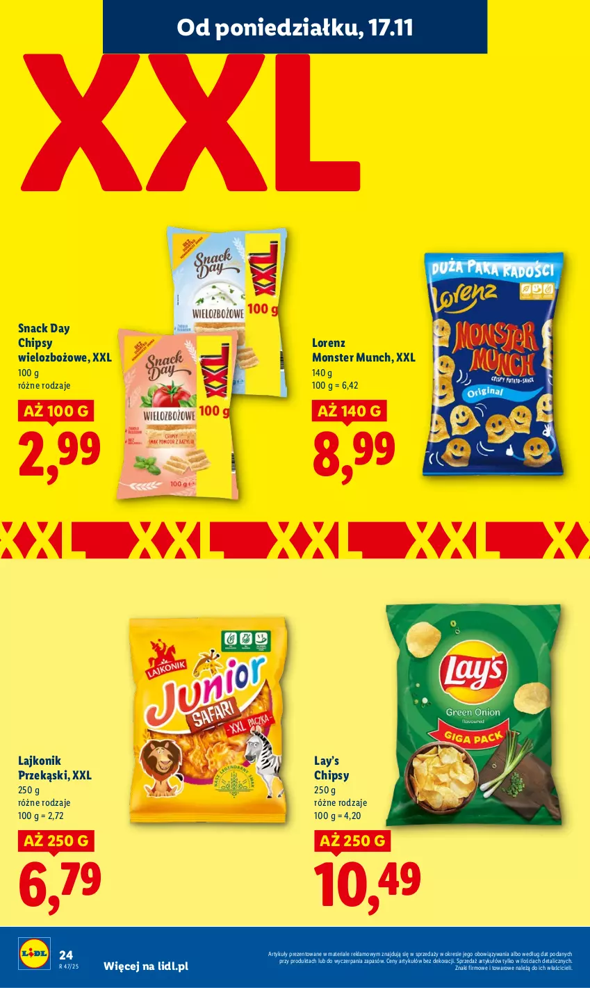 Gazetka promocyjna Lidl - GAZETKA - ważna 17.11 do 19.11.2025 - strona 24 - produkty: Chipsy, Lajkonik, Lay’s, Lorenz, Monster Munch