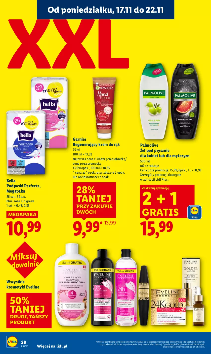 Gazetka promocyjna Lidl - GAZETKA - ważna 17.11 do 19.11.2025 - strona 28 - produkty: Bell, Bella, Eveline, Garnier, Gra, Krem do rąk, Palmolive, Perfecta, Podpaski