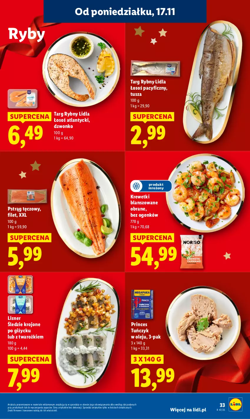 Gazetka promocyjna Lidl - GAZETKA - ważna 17.11 do 19.11.2025 - strona 33 - produkty: Krewetki, Lisner, Olej, Pstrąg, Pstrąg tęczowy, Tuńczyk, Tusz