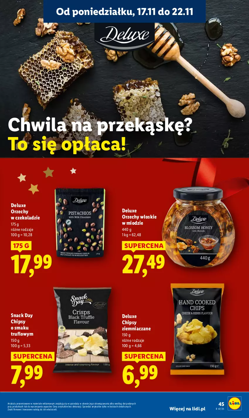 Gazetka promocyjna Lidl - GAZETKA - ważna 17.11 do 19.11.2025 - strona 45 - produkty: Chipsy, Orzechy w czekoladzie, Orzechy włoskie