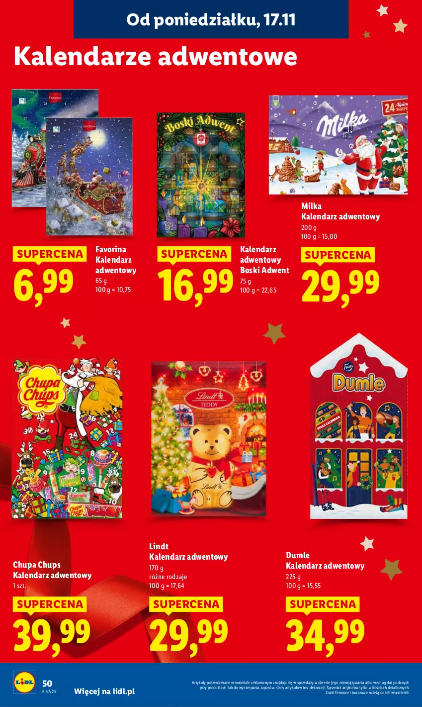 Gazetka promocyjna Lidl - GAZETKA - ważna 17.11 do 19.11.2025 - strona 50 - produkty: Chupa Chups, Fa, Kalendarz, Kalendarz adwentowy, Lindt, Milka