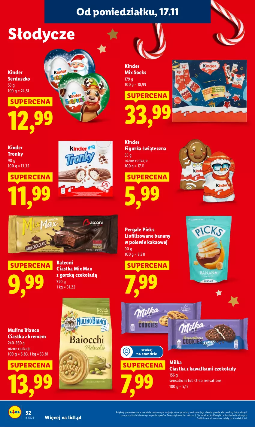 Gazetka promocyjna Lidl - GAZETKA - ważna 17.11 do 19.11.2025 - strona 52 - produkty: Alcon, Banany, Ciastka, Kakao, Kawa, Kinder, Milka, Oreo, Sati, Ser
