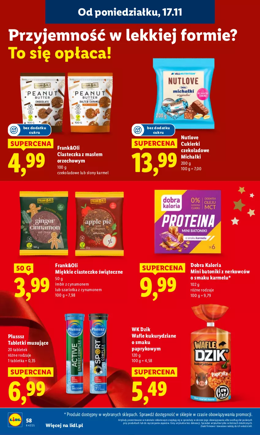 Gazetka promocyjna Lidl - GAZETKA - ważna 17.11 do 19.11.2025 - strona 58 - produkty: Baton, Cukier, Cukierki, Cukierki czekoladowe, Imbir, Michałki, Mus, Szarlotka, Tablet, Tabletki musujące, Tonik, Wafle