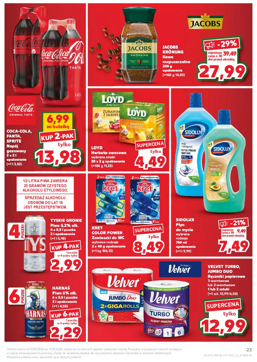 Gazetka promocyjna Kaufland - Gazetka tygodnia - ważna 05.09 do 11.09.2024 - strona 23 - produkty: Coca-Cola, Fa, Fanta, Gra, Harnaś, Herbata, Herbata owocowa, Jacobs, Jacobs Krönung, Kawa, Kawa rozpuszczalna, Kret, Loyd, Napój, Napój gazowany, Papier, Piwa, Piwo, Płyn do mycia, Ręcznik, Ręczniki papierowe, Sidolux, Sprite, Tyskie, Velvet, Zawieszki