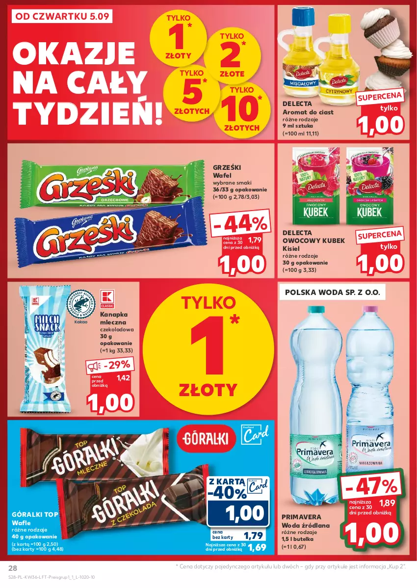 Gazetka promocyjna Kaufland - Gazetka tygodnia - ważna 05.09 do 11.09.2024 - strona 28 - produkty: Delecta, Góralki, Grześki, Kisiel, Kubek, LANA, Prima, Primavera, Top, Wafle, Woda