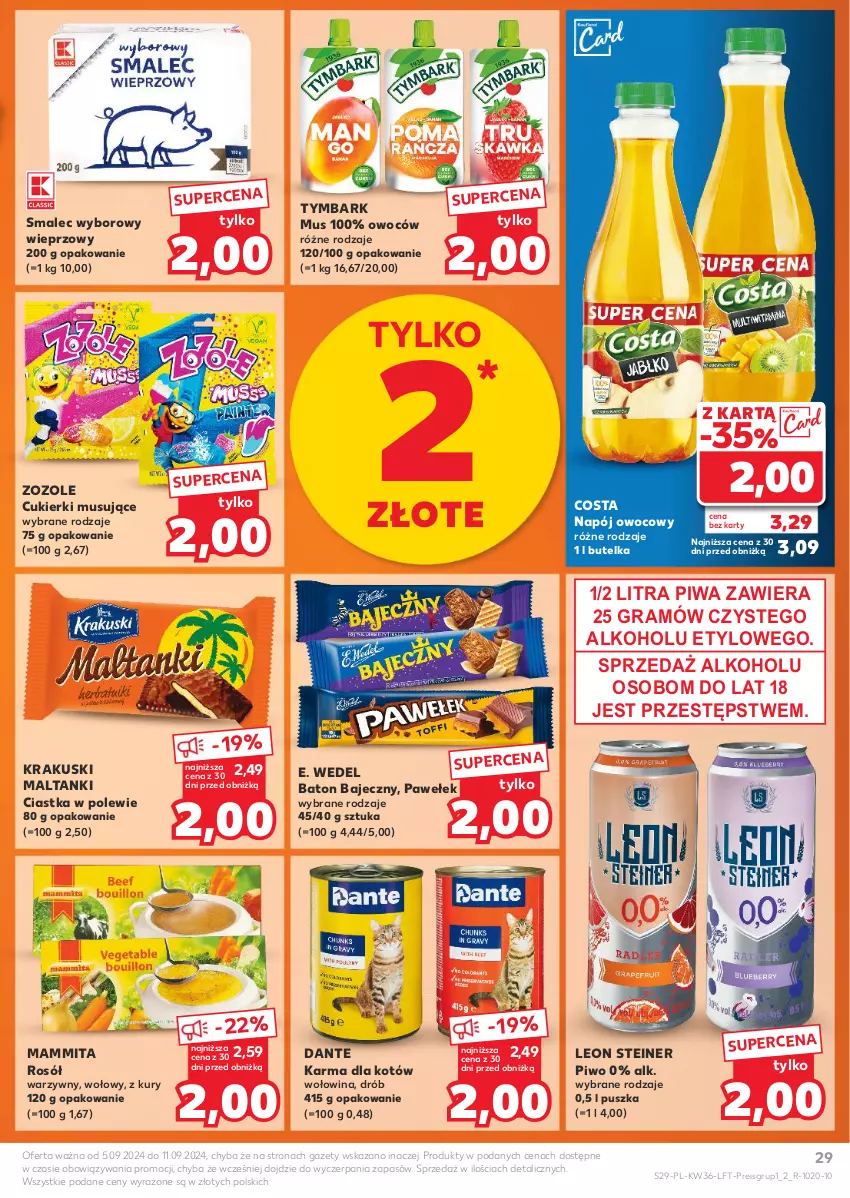 Gazetka promocyjna Kaufland - Gazetka tygodnia - ważna 05.09 do 11.09.2024 - strona 29 - produkty: Baton, Ciastka, Cukier, Cukierki, Drób, E. Wedel, Gra, Krakus, Krakuski, Leon, Mus, Napój, Piwa, Piwo, Rosół, Smalec, Tymbark, Wołowina