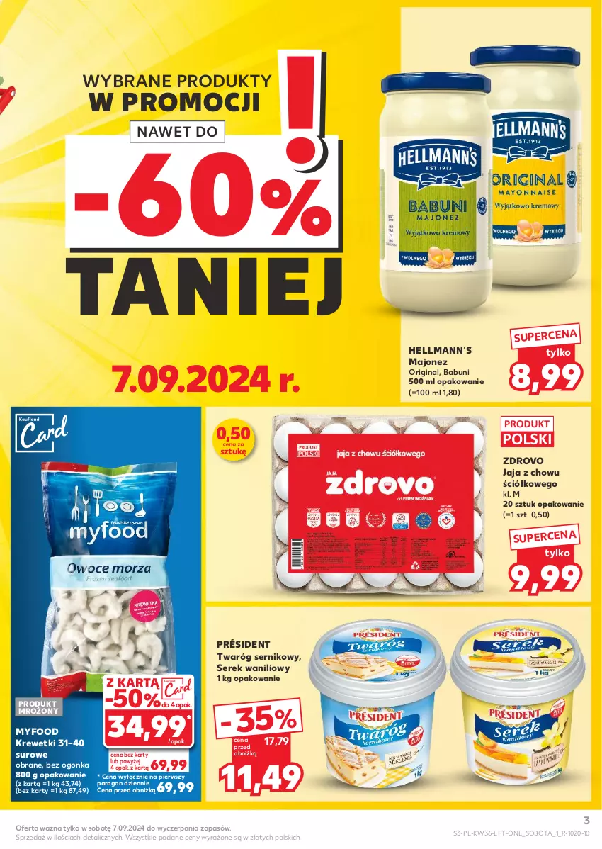 Gazetka promocyjna Kaufland - Gazetka tygodnia - ważna 05.09 do 11.09.2024 - strona 3 - produkty: Babuni, Gin, Jaja, Krewetki, Majonez, Président, Ser, Serek, Twaróg