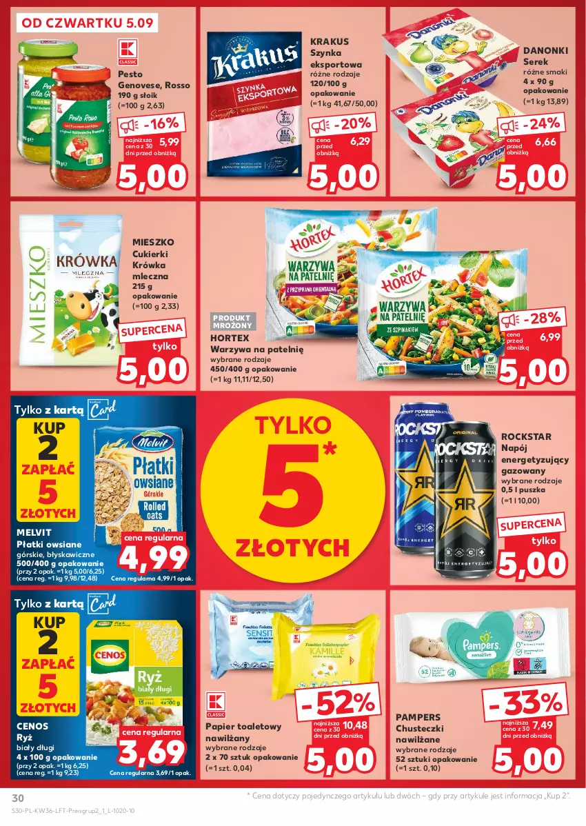 Gazetka promocyjna Kaufland - Gazetka tygodnia - ważna 05.09 do 11.09.2024 - strona 30 - produkty: Cenos, Chusteczki, Cukier, Cukierki, Danonki, Hortex, Krakus, Melvit, Napój, Pampers, Papier, Papier toaletowy, Pesto, Płatki owsiane, Por, Ryż, Ryż biały, Ser, Serek, Sport, Szynka, Warzywa