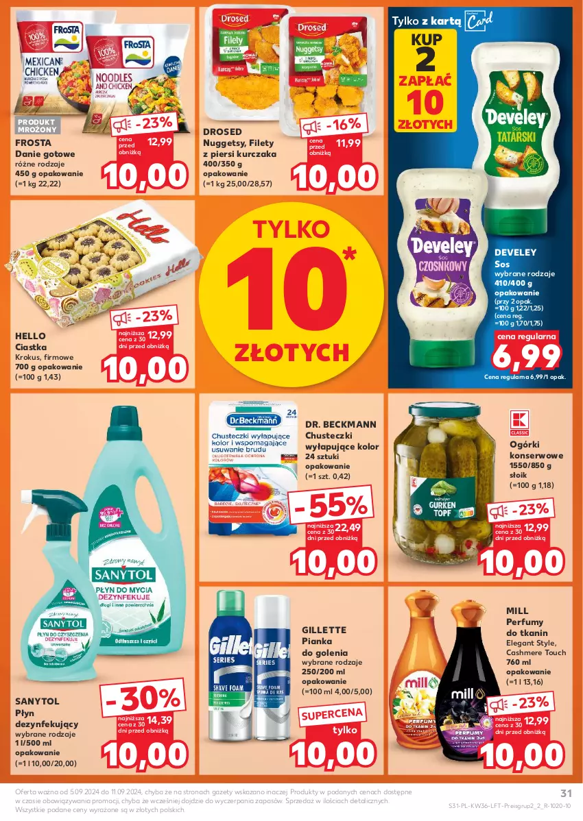 Gazetka promocyjna Kaufland - Gazetka tygodnia - ważna 05.09 do 11.09.2024 - strona 31 - produkty: Chusteczki, Ciastka, Danie gotowe, Frosta, Gillette, Krokus, Kurczak, Ogórki konserwowe, Perfum, Pianka do golenia, Sanytol, Ser, Sos