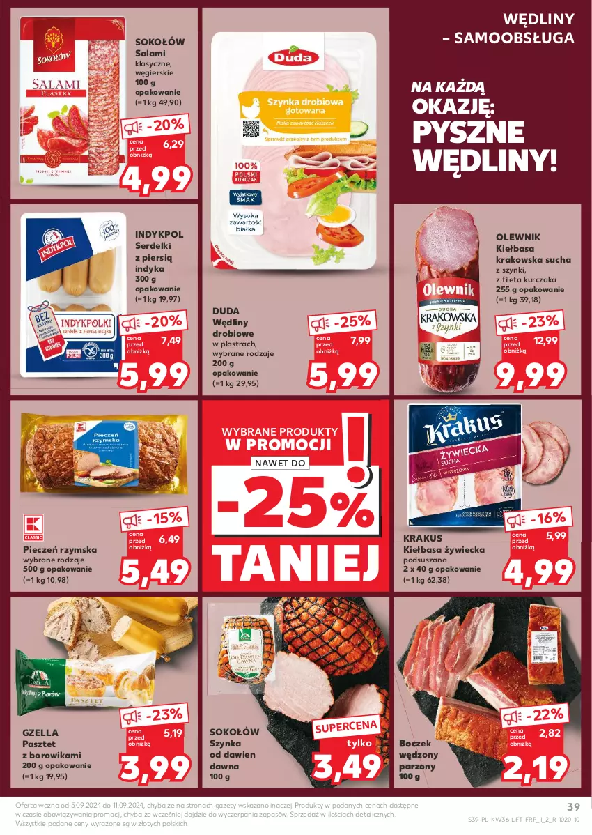 Gazetka promocyjna Kaufland - Gazetka tygodnia - ważna 05.09 do 11.09.2024 - strona 39 - produkty: Boczek, Duda, Kiełbasa, Kiełbasa krakowska, Krakus, Kurczak, Olewnik, Pasztet, Piec, Pieczeń rzymska, Salami, Ser, Serdelki, Sok, Sokołów, Szynka