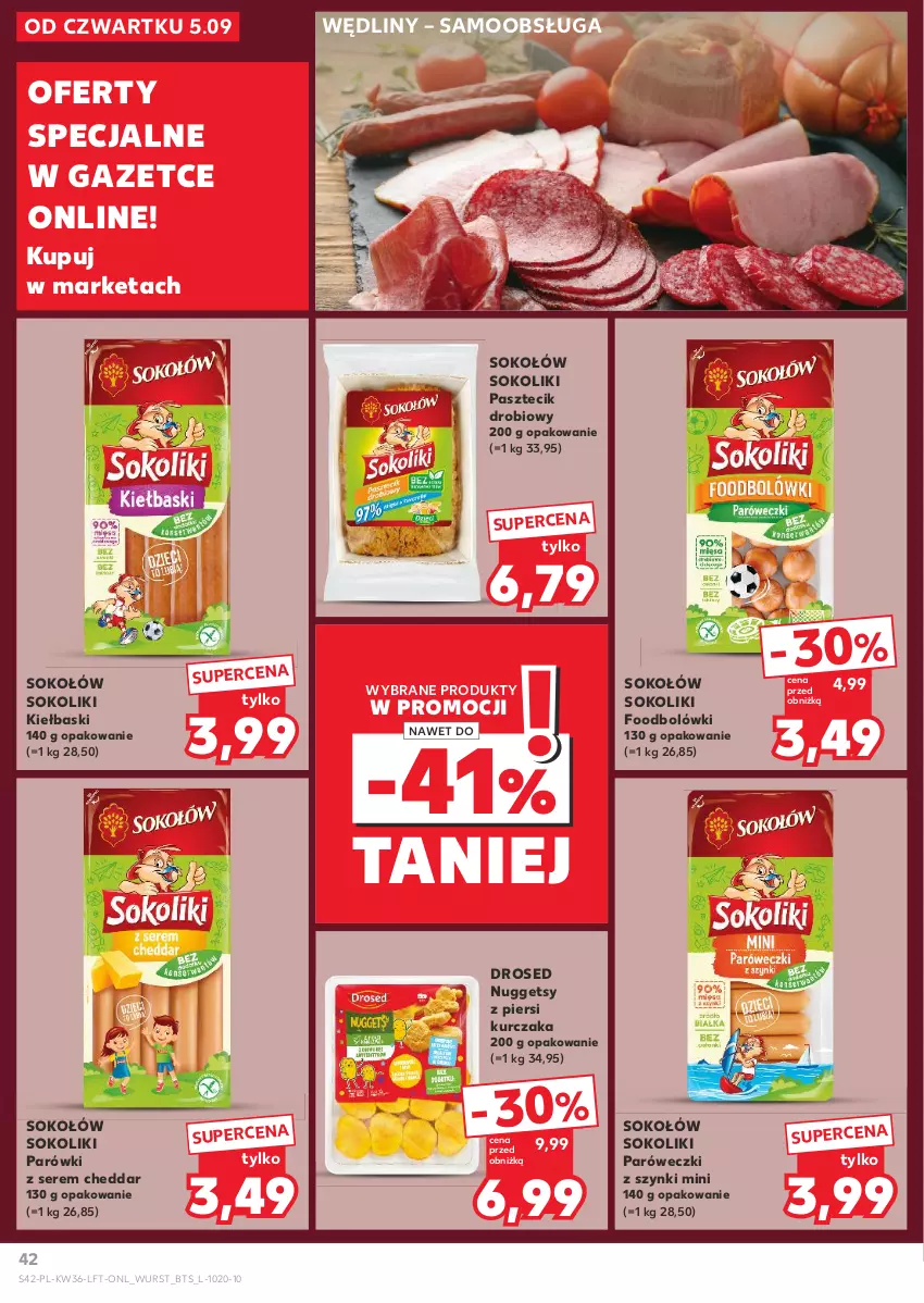 Gazetka promocyjna Kaufland - Gazetka tygodnia - ważna 05.09 do 11.09.2024 - strona 42 - produkty: Cheddar, Kurczak, Parówki, Ser, Sok, Sokołów