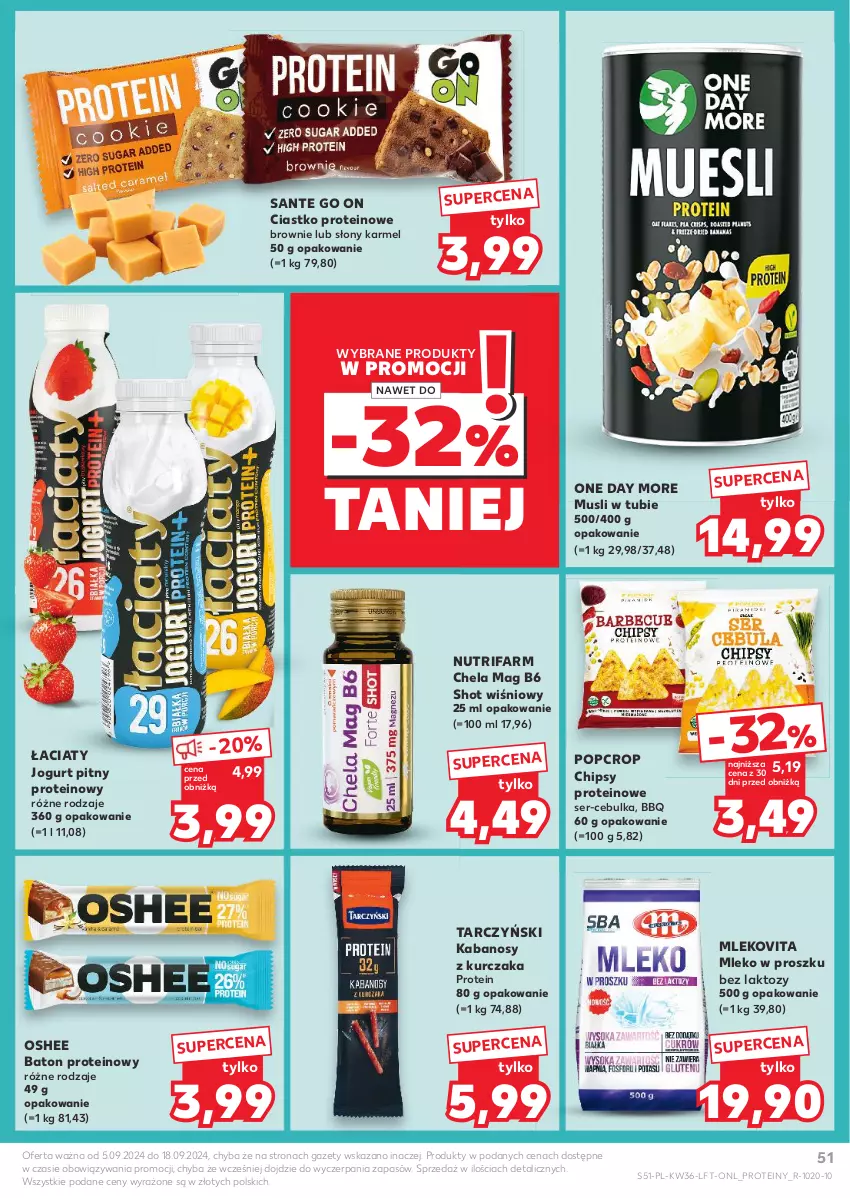 Gazetka promocyjna Kaufland - Gazetka tygodnia - ważna 05.09 do 11.09.2024 - strona 51 - produkty: Baton, Brownie, Chipsy, Fa, Jogurt, Jogurt pitny, Kabanos, Kurczak, Mleko, Mleko w proszku, Mlekovita, Mus, Oshee, Sante, Ser, Tarczyński