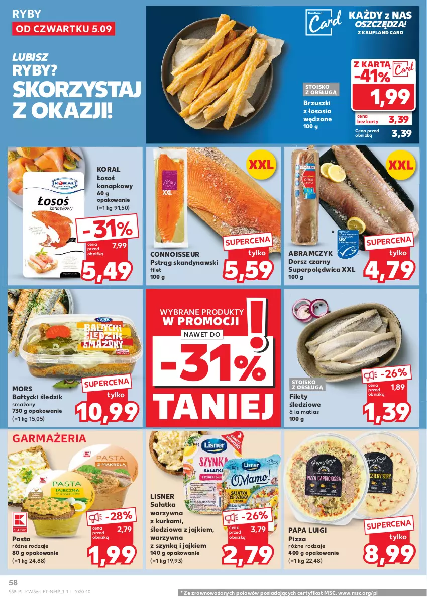 Gazetka promocyjna Kaufland - Gazetka tygodnia - ważna 05.09 do 11.09.2024 - strona 58 - produkty: Brzuszki z łososia, Dorsz, Lisner, Pizza, Polędwica, Pstrąg, Sałat, Sałatka, Sałatka warzywna, Sos