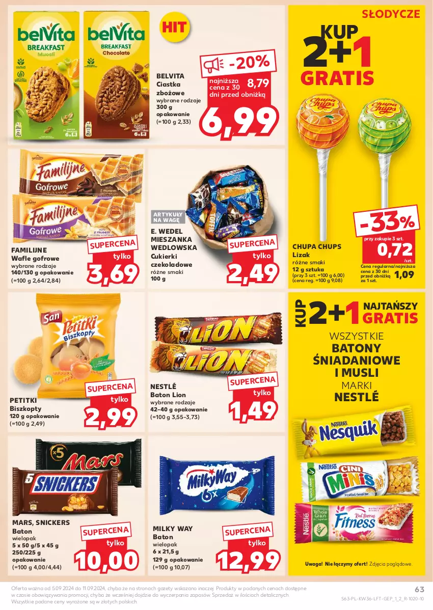 Gazetka promocyjna Kaufland - Gazetka tygodnia - ważna 05.09 do 11.09.2024 - strona 63 - produkty: Baton, BelVita, Biszkopty, Chupa Chups, Ciastka, Cukier, Cukierki, Cukierki czekoladowe, Danio, E. Wedel, Fa, Gra, Lion, Mars, Mieszanka wedlowska, Milky Way, Mus, Nestlé, Snickers, Vita C, Wafle, Waga