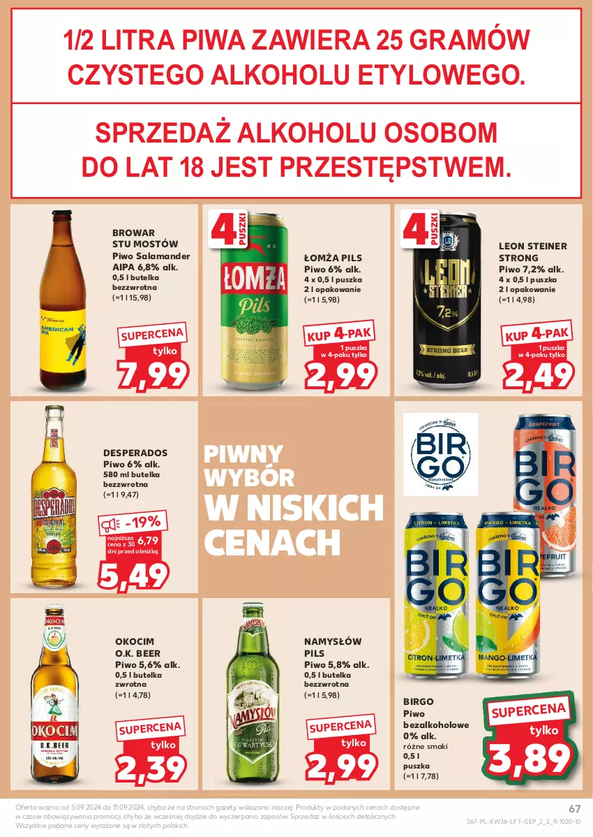 Gazetka promocyjna Kaufland - Gazetka tygodnia - ważna 05.09 do 11.09.2024 - strona 67 - produkty: Desperados, Gra, Koc, Leon, Namysłów, Okocim, Piwa, Piwo