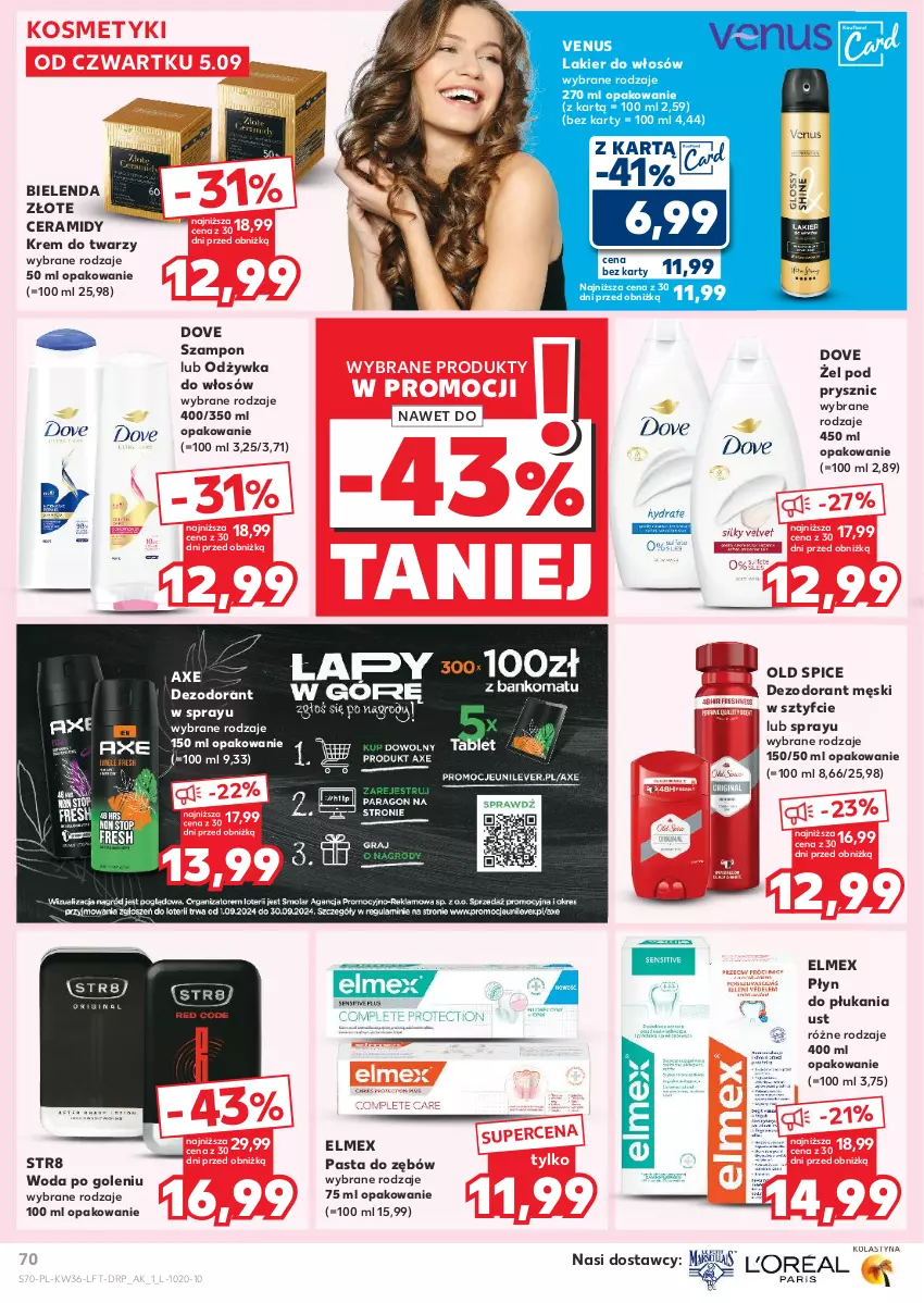 Gazetka promocyjna Kaufland - Gazetka tygodnia - ważna 05.09 do 11.09.2024 - strona 70 - produkty: Bielenda, Dezodorant, Dove, Elmex, Krem do twarzy, Lakier, Lakier do włosów, Odżywka, Old Spice, Pasta do zębów, Płyn do płukania, Str8, Szampon, Venus, Woda, Woda po goleniu