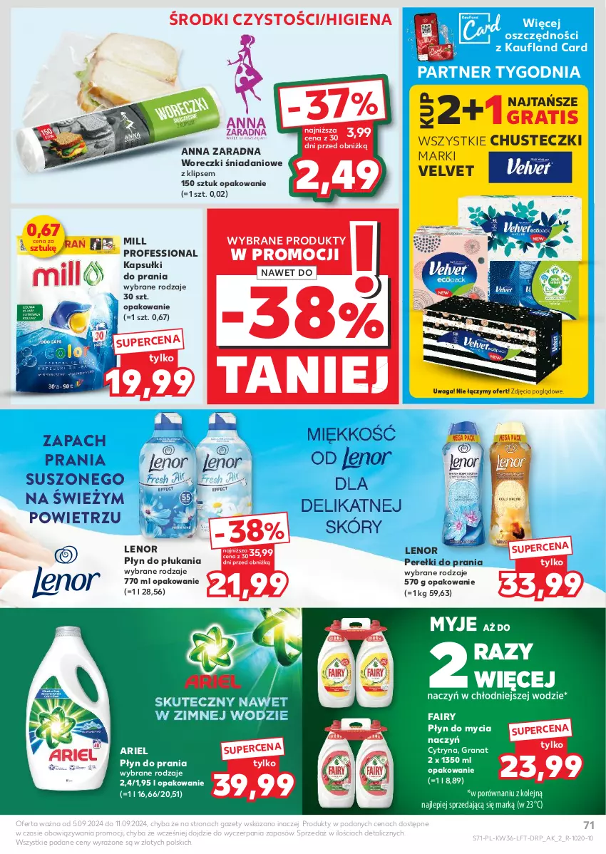 Gazetka promocyjna Kaufland - Gazetka tygodnia - ważna 05.09 do 11.09.2024 - strona 71 - produkty: Ariel, Chusteczki, Danio, Do mycia naczyń, Fa, Fairy, Gra, Granat, Kapsułki do prania, Lenor, Olej, Płyn do mycia, Płyn do mycia naczyń, Płyn do płukania, Płyn do prania, Por, Velvet, Waga