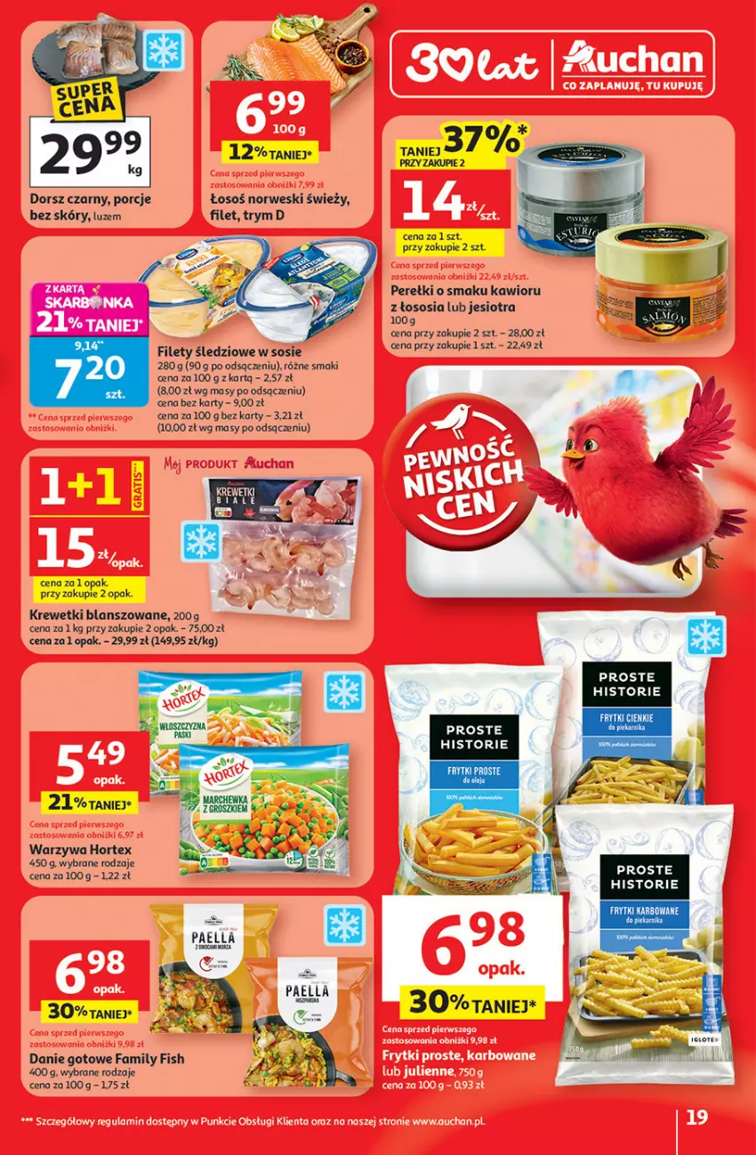 Gazetka promocyjna Auchan - Gazetka 30 Lat Hipermarket Auchan - ważna 08.01 do 14.01.2026 - strona 19 - produkty: Danie gotowe, Dorsz, Fa, Frytki, Hortex, Kawior, Krewetki, Por, Sos, Warzywa