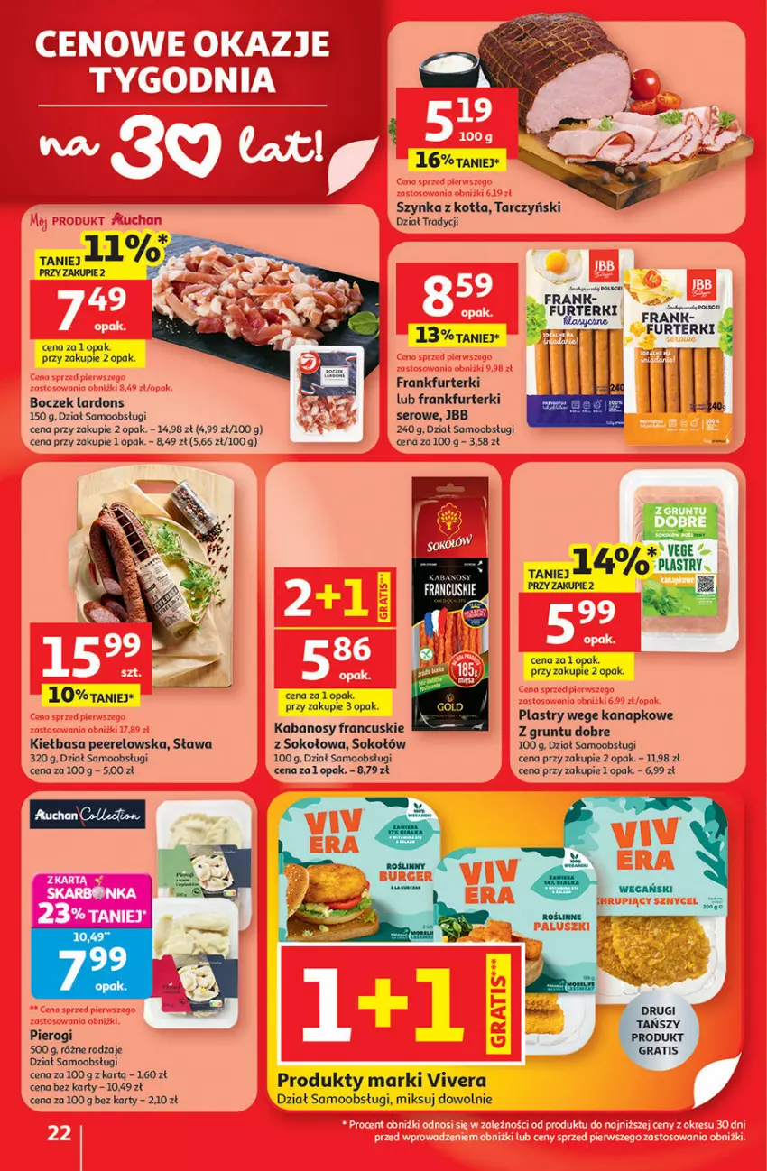 Gazetka promocyjna Auchan - Gazetka 30 Lat Hipermarket Auchan - ważna 08.01 do 14.01.2026 - strona 22 - produkty: Boczek, Frankfurterki, Gra, Grunt, Kabanos, Kiełbasa, Pierogi, Ser, Sok, Sokołów, Szynka, Tarczyński, Z gruntu dobre