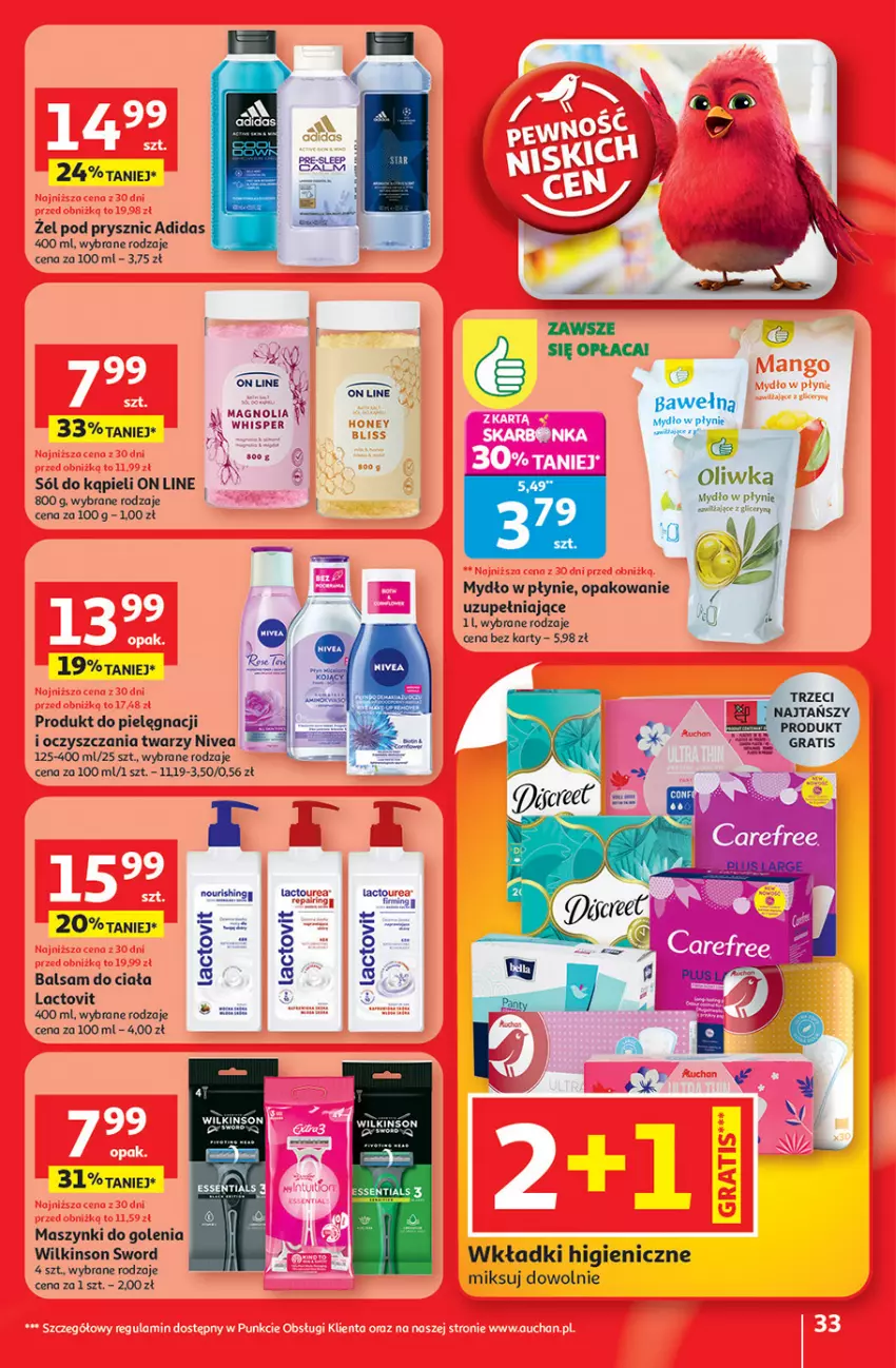 Gazetka promocyjna Auchan - Gazetka 30 Lat Hipermarket Auchan - ważna 08.01 do 14.01.2026 - strona 33 - produkty: Adidas, Balsam do ciała, Fa, Gra, Mydło, Mydło w płynie, Nivea, Sól, Sól do kąpieli, Wilkinson Sword, Wkładki