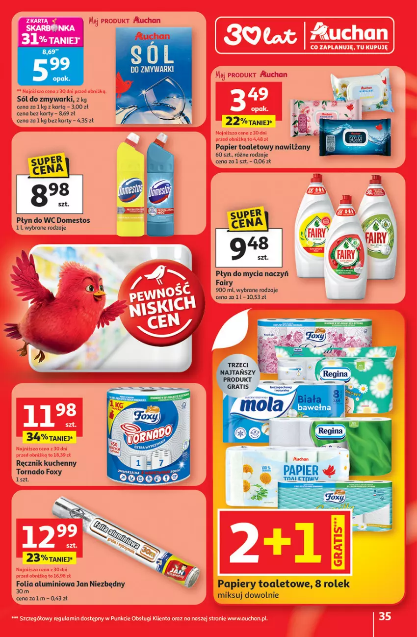 Gazetka promocyjna Auchan - Gazetka 30 Lat Hipermarket Auchan - ważna 08.01 do 14.01.2026 - strona 35 - produkty: Do mycia naczyń, Domestos, Fa, Fairy, Folia aluminiowa, Foxy, Jan Niezbędny, Papier, Papier toaletowy, Płyn do mycia, Płyn do mycia naczyń, Płyn do wc, Ręcznik, Ręcznik kuchenny, Sól, Zmywarki