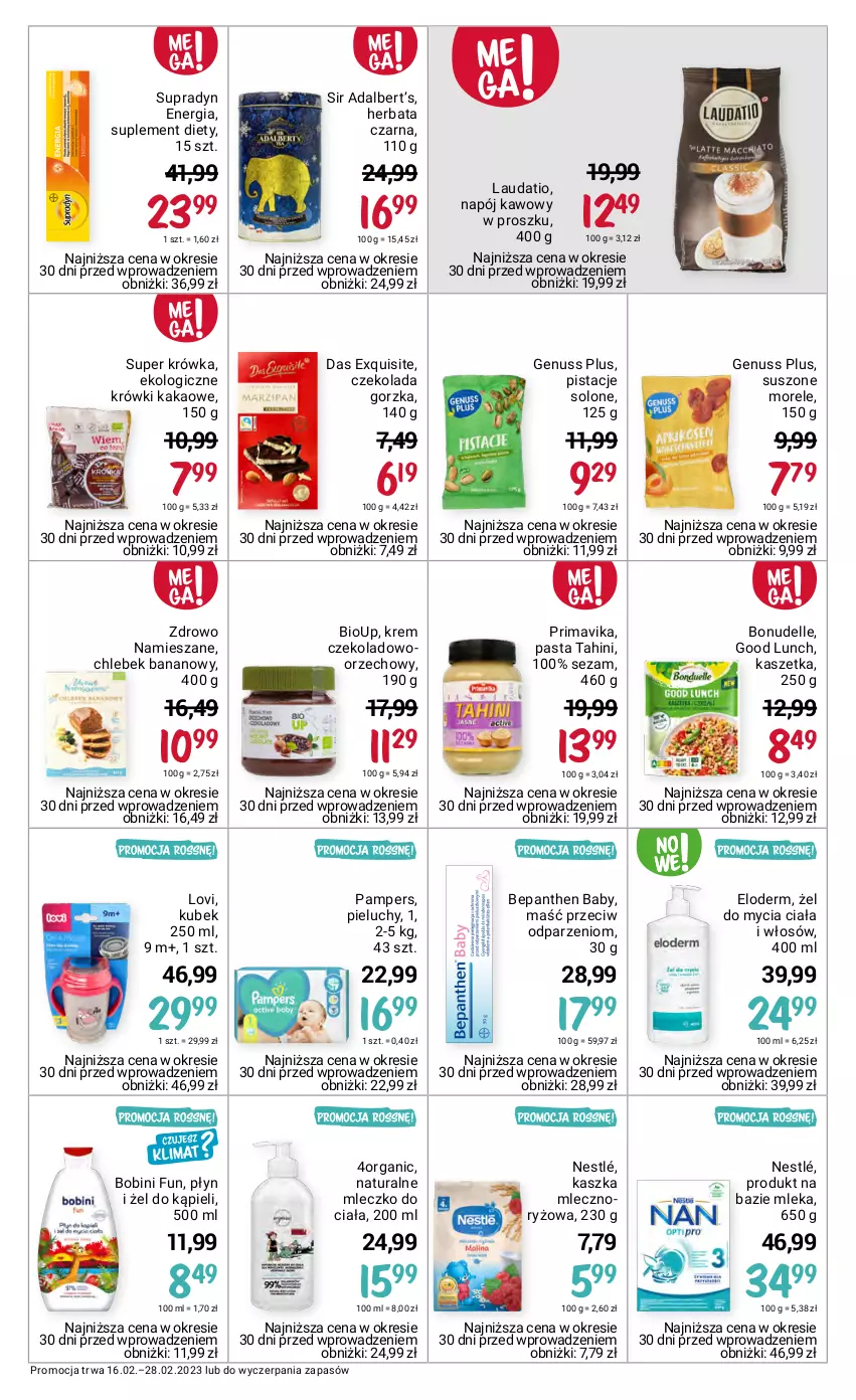 Gazetka promocyjna Rossmann - 16 lutego - ważna 16.02 do 28.02.2023 - strona 15 - produkty: Bepanthen, Chleb, Czekolada, Czekolada gorzka, Dell, Exquisite, Genuss Plus, Herbata, Herbata czarna, Kakao, Kaszetka, Kubek, Lovi, Mleczko, Mleczko do ciała, Napój, Nestlé, Pampers, Pieluchy, Pistacje, Prima, Primavika, Ryż, Sezam, Suplement diety