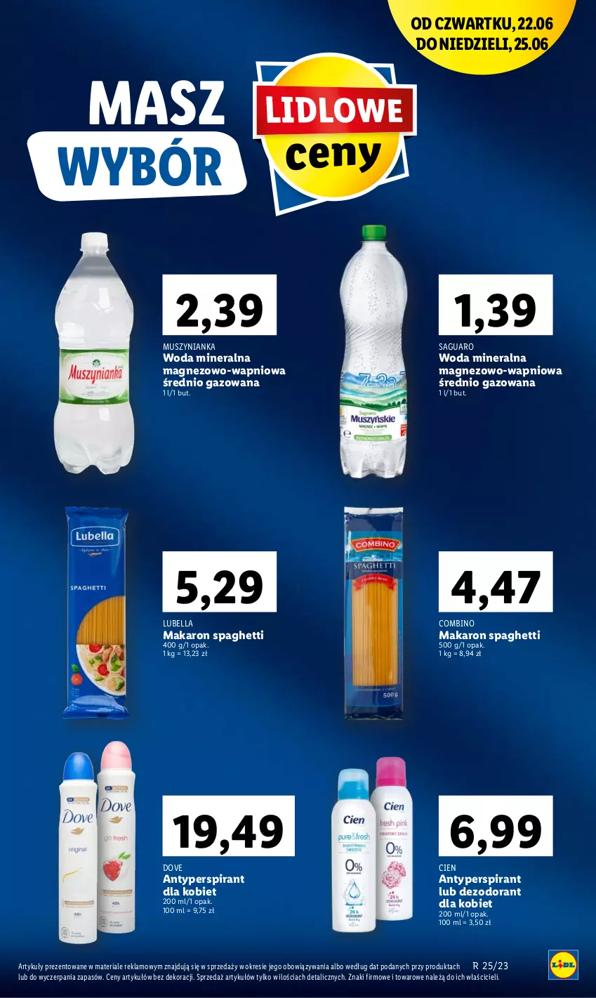 Gazetka promocyjna Lidl - GAZETKA - ważna 22.06 do 25.06.2023 - strona 11 - produkty: Antyperspirant, Bell, Bella, Dezodorant, Dove, Lubella, Magnez, Makaron, Mus, Muszynianka, Spaghetti, Woda, Woda mineralna