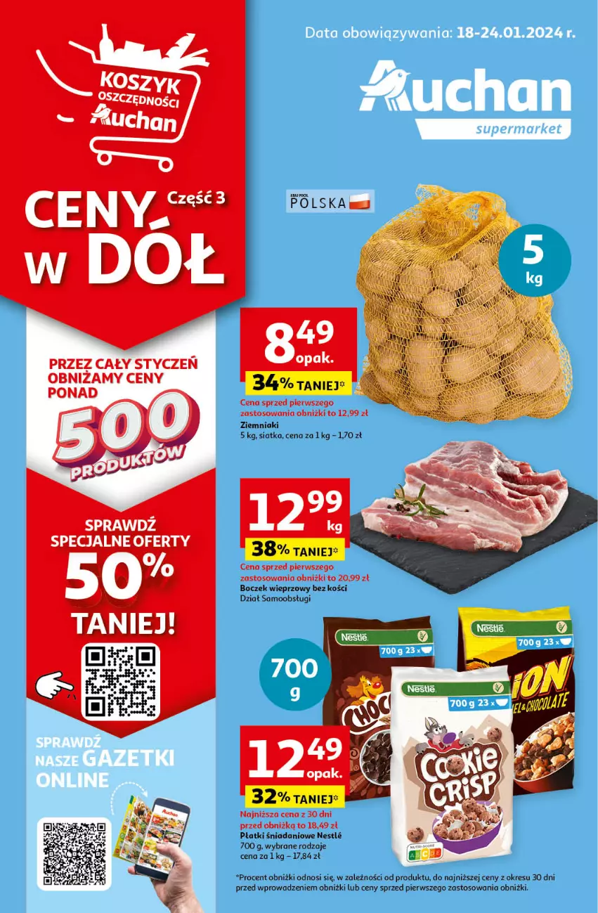 Gazetka promocyjna Auchan - Gazetka Ceny w dół Część 3 Supermarket Auchan - ważna 18.01 do 24.01.2024 - strona 1 - produkty: Boczek, Boczek wieprzowy, Danio, Siatka, Ziemniaki