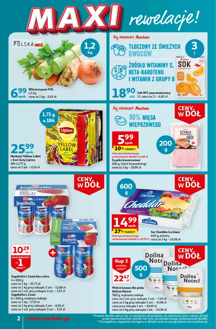 Gazetka promocyjna Auchan - Gazetka Ceny w dół Część 3 Supermarket Auchan - ważna 18.01 do 24.01.2024 - strona 2 - produkty: Bell, Bella, Cheddar, Earl Grey, Herbata, Jogobella, Lipton, Mokra karma, Ser, Sok, Szynka, Szynka konserwowa