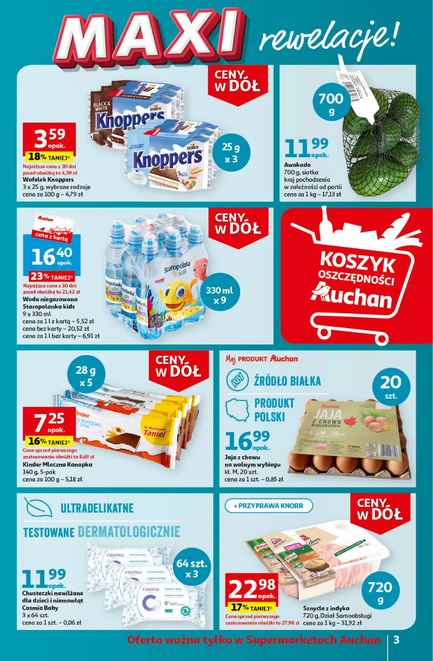 Gazetka promocyjna Auchan - Gazetka Ceny w dół Część 3 Supermarket Auchan - ważna 18.01 do 24.01.2024 - strona 3 - produkty: Chusteczki, Dzieci, Jaja, Kinder, Knoppers, Mleczna kanapka, Siatka, Staropolanka, Wafelek, Woda, Woda niegazowana