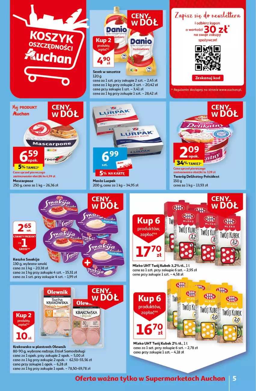 Gazetka promocyjna Auchan - Gazetka Ceny w dół Część 3 Supermarket Auchan - ważna 18.01 do 24.01.2024 - strona 5 - produkty: Kubek, Lurpak, Mascarpone, Masło, Mleko, Olewnik, Ser, Serek, Smakija, Tera, Twaróg, Twaróg delikatny