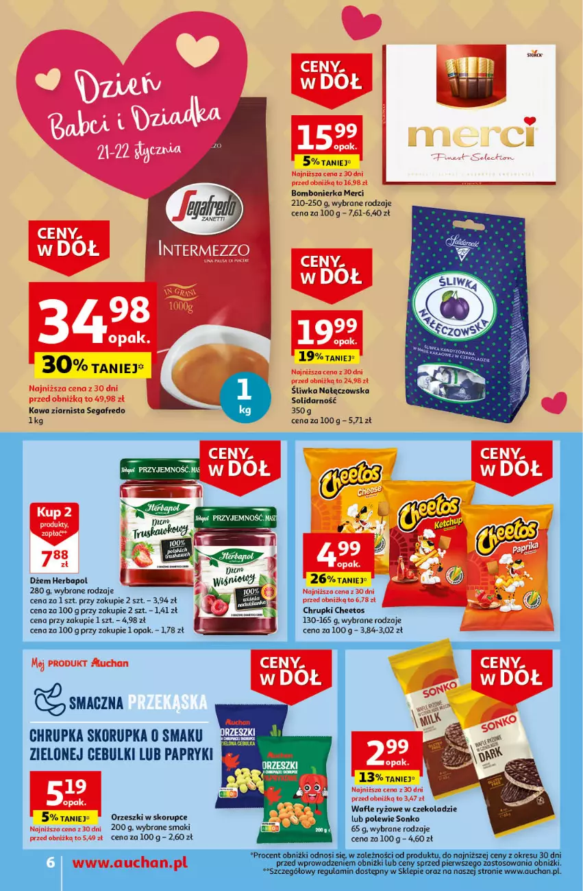 Gazetka promocyjna Auchan - Gazetka Ceny w dół Część 3 Supermarket Auchan - ważna 18.01 do 24.01.2024 - strona 6 - produkty: Cheetos, Chrupki, Dżem, Herbapol, Kawa, Kawa ziarnista, Merci, Orzeszki, Orzeszki w skorupce, Ryż, Segafredo, Sonko, Wafle