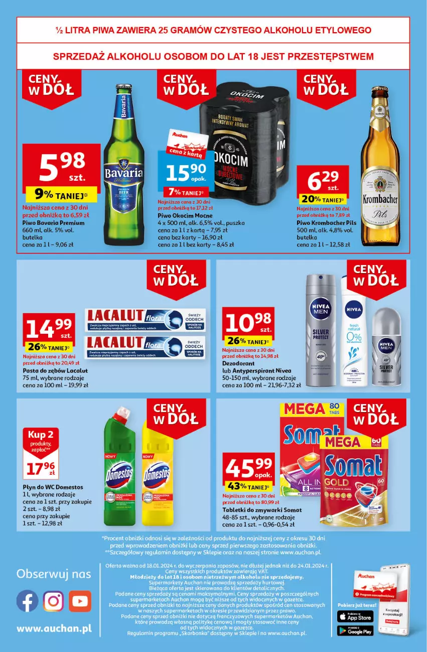 Gazetka promocyjna Auchan - Gazetka Ceny w dół Część 3 Supermarket Auchan - ważna 18.01 do 24.01.2024 - strona 8 - produkty: Antyperspirant, Dezodorant, Domestos, Gra, Koc, Lacalut, Nivea, Okocim, Pasta do zębów, Piwa, Piwo, Płyn do wc, Somat, Tablet, Tabletki do zmywarki, Zmywarki